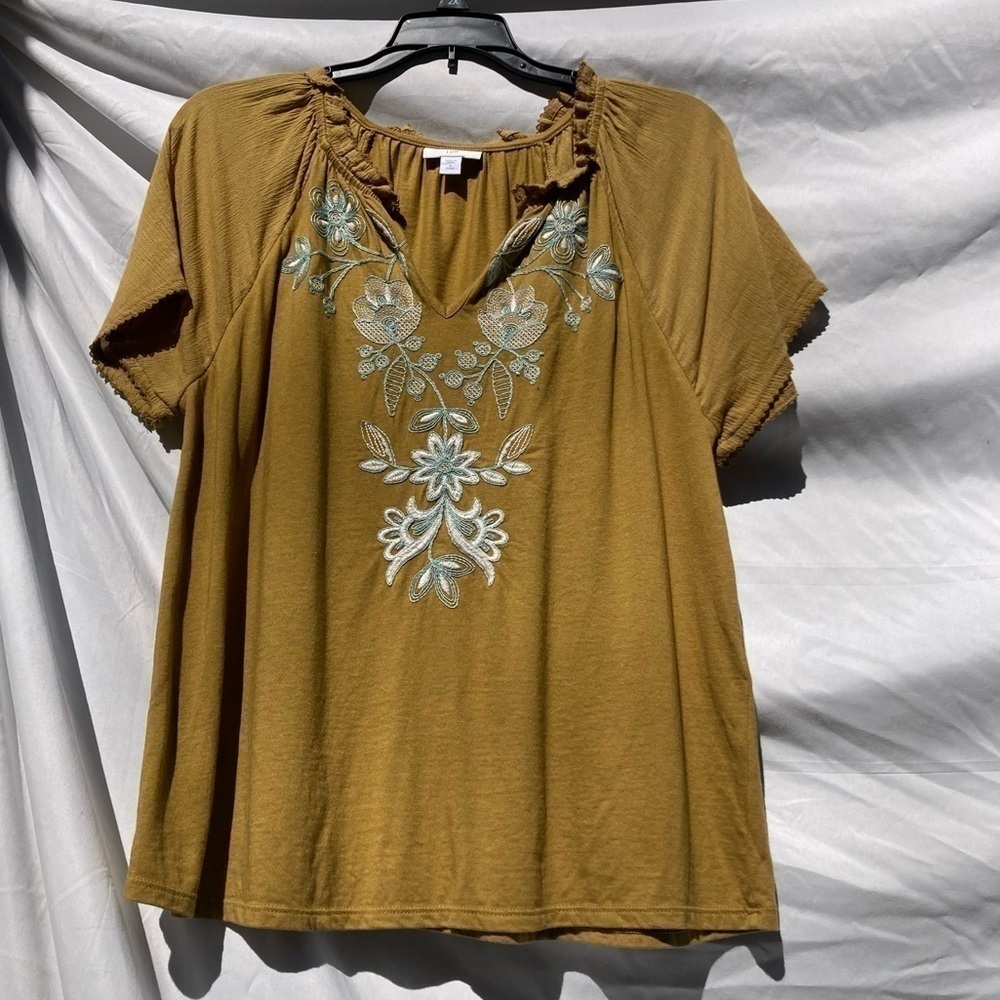 J Jill Dark Gold Embroidered Floral Shirt, Size Small Petite